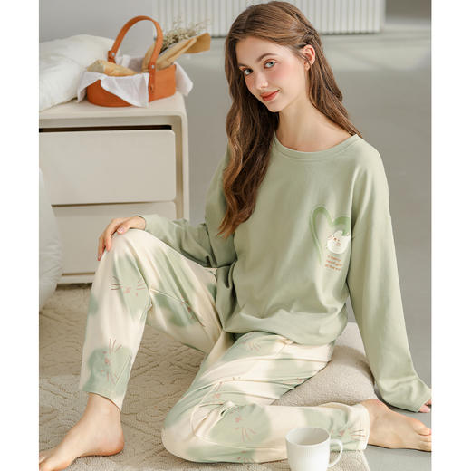 芬腾纯棉春秋季女士睡衣长袖套头套装可爱宽松休闲大码全棉家居服 商品图2