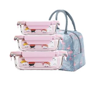 多种规格粉色 玻璃保鲜盒长方形透明食品收纳盒储物冷藏盒可微 波炉盒子便当碗