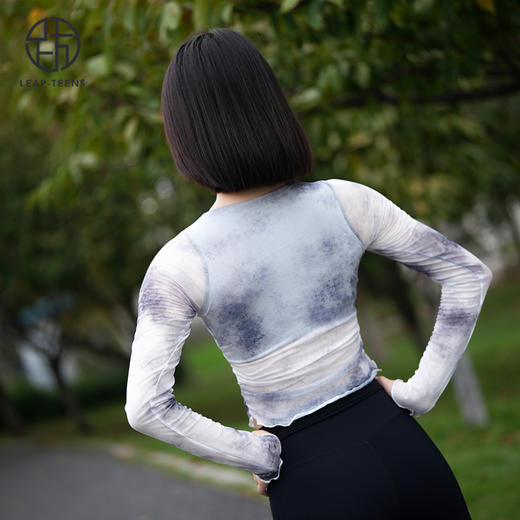 跃牌【禅语梵心】渐变纱假两件运动T恤女长袖带胸垫瑜珈服网纱上衣CX4073 商品图2