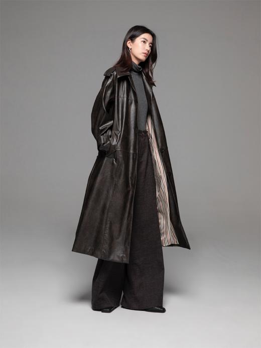 LIYIHAN 24秋中长款PU风衣外套女拼接柔软皮衣宽松翻领复古设计感 商品图1