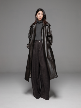 LIYIHAN 24秋中长款PU风衣外套女拼接柔软皮衣宽松翻领复古设计感