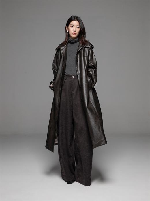 LIYIHAN 24秋中长款PU风衣外套女拼接柔软皮衣宽松翻领复古设计感 商品图0