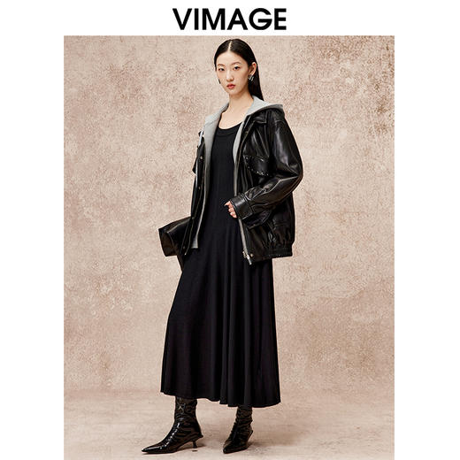VIMAGE纬漫纪冬季新款假两件宽松舒适保暖显瘦皮衣外套V2203829 商品图1