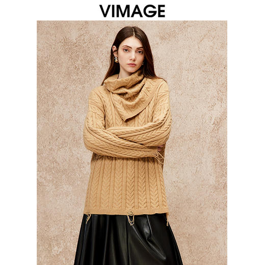 VIMAGE纬漫纪冬季新款设计感气质高级高领宽松慵懒显瘦毛衣针织衫V2201819 商品图3