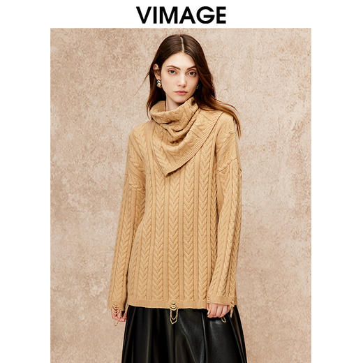 VIMAGE纬漫纪冬季新款设计感气质高级高领宽松慵懒显瘦毛衣针织衫V2201819 商品图1