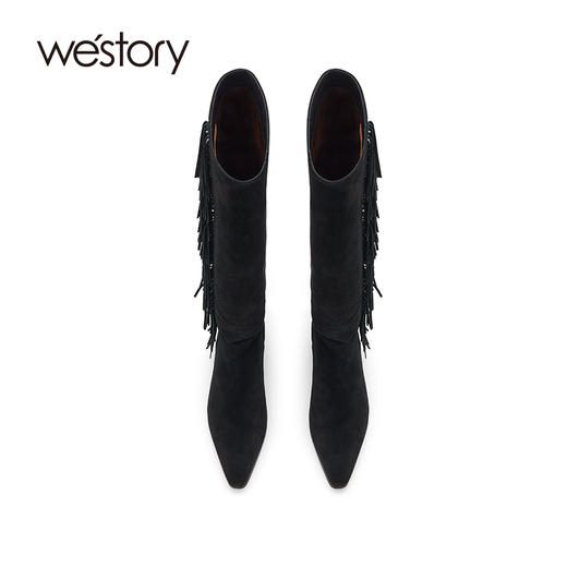 westory2024秋季新款美拉德真皮流苏尖头平底时尚高筒靴女W24DQ83951 商品图3