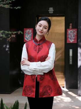 瑕疵|盛唐婧 |中式国风库缎中长马甲-红色 [特价品](特殊商品不退不换)