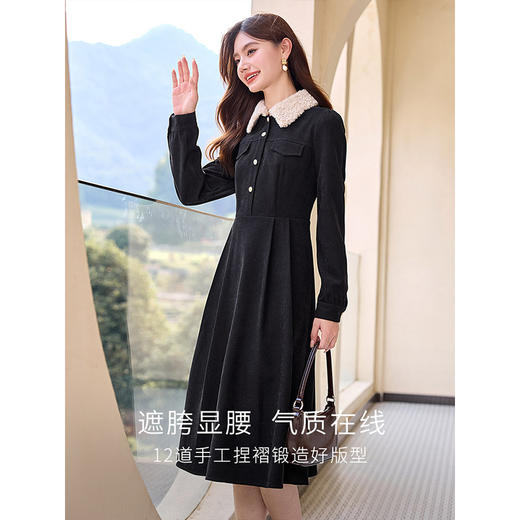 【专属特价】熙世界游牧风仿羊羔毛翻领连衣裙女秋冬设计感黑色法式赫本衬衫裙 商品图2