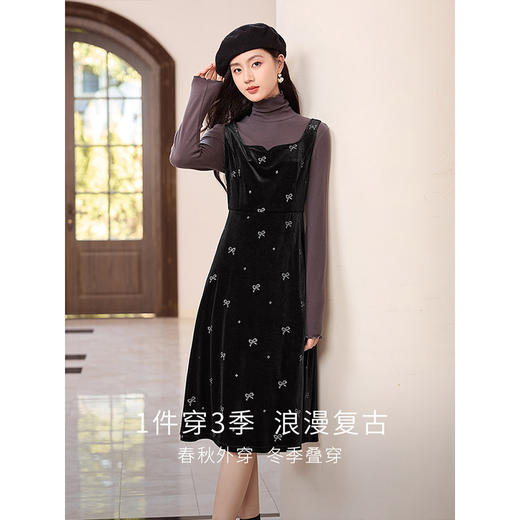 【年终特卖】熙世界黑色复古刺绣丝绒吊带长裙女秋冬季法式优雅无袖背心连衣裙 商品图2