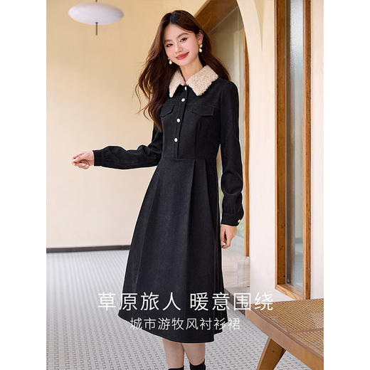 【专属特价】熙世界游牧风仿羊羔毛翻领连衣裙女秋冬设计感黑色法式赫本衬衫裙 商品图1