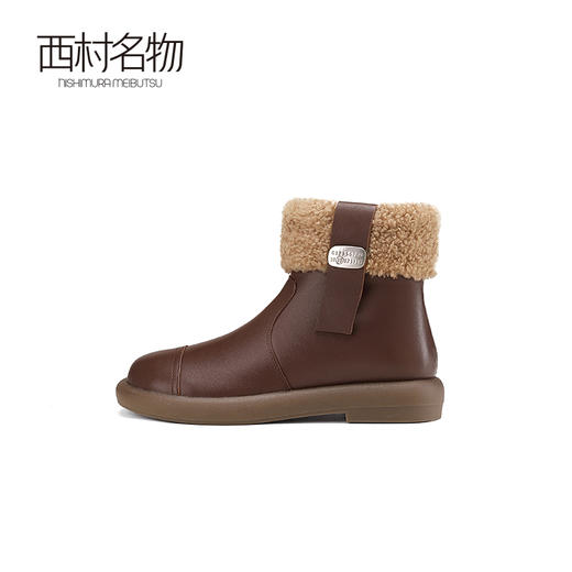 西村名物2024冬季新款真皮复古加绒短靴舒适平底毛毛雪地靴女X24DS47251 商品图1