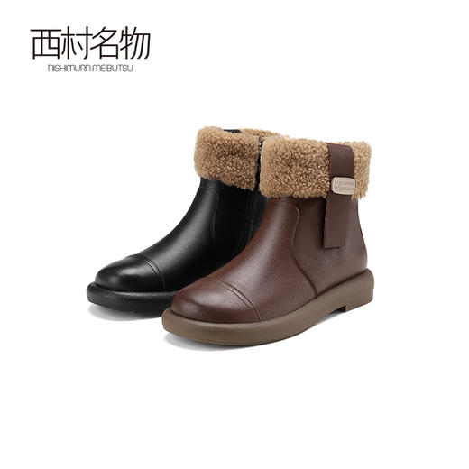 西村名物2024冬季新款真皮复古加绒短靴舒适平底毛毛雪地靴女X24DS47251 商品图0
