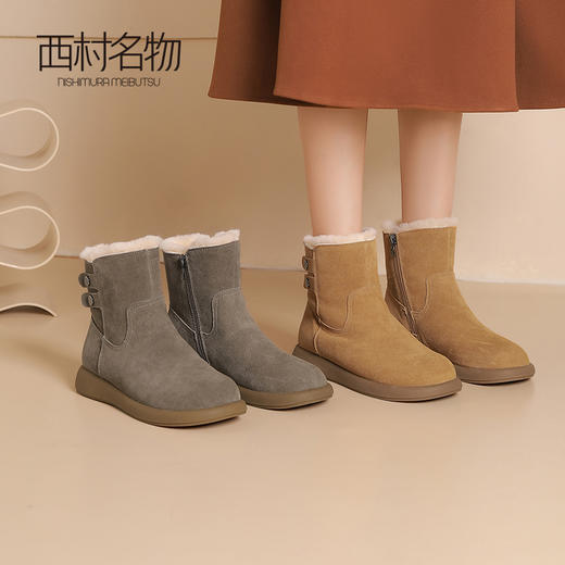 西村名物2024秋冬新款圆头平底真皮一脚蹬短靴复古防寒雪地靴女T24DS47871 商品图2