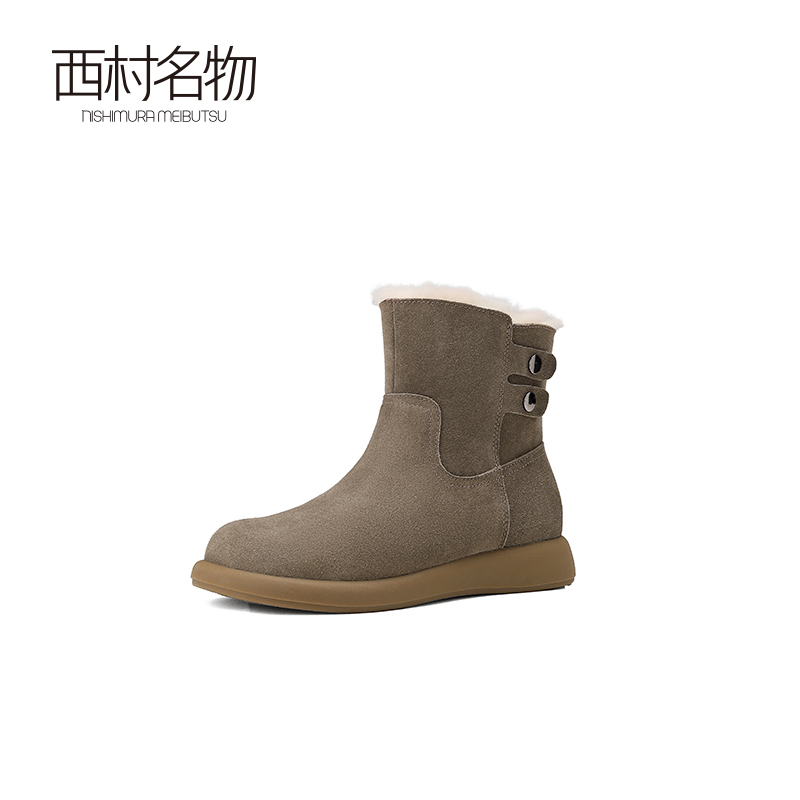 西村名物2024秋冬新款圆头平底真皮一脚蹬短靴复古防寒雪地靴女T24DS47871