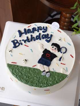 「羽毛球男孩」手绘蛋糕·100%动物奶油（附图8寸·提前3天预订）