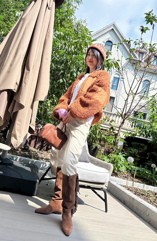 westory2024秋季新款美拉德真皮流苏尖头平底时尚高筒靴女W24DQ83951 商品图6