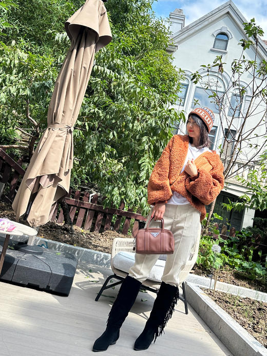 westory2024秋季新款美拉德真皮流苏尖头平底时尚高筒靴女W24DQ83951 商品图11