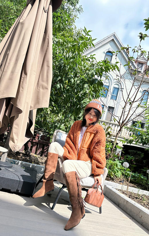 westory2024秋季新款美拉德真皮流苏尖头平底时尚高筒靴女W24DQ83951 商品图12