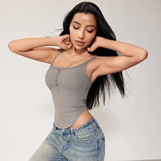 跃牌【周游世界系列】2024秋冬新款螺纹细肩带固定杯运动内衣纽扣U领瑜伽内衣BR1571 商品图3