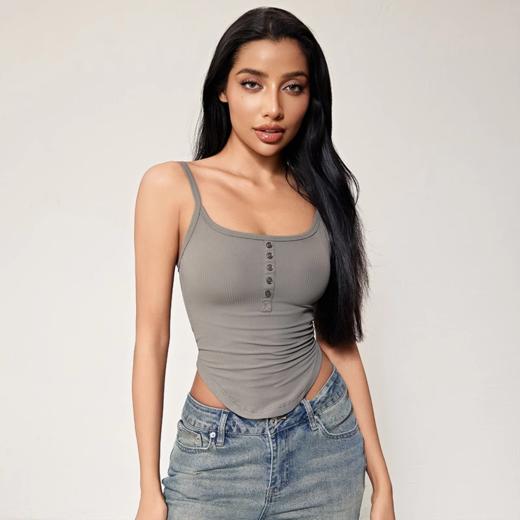 跃牌【周游世界系列】2024秋冬新款螺纹细肩带固定杯运动内衣纽扣U领瑜伽内衣BR1571 商品图1