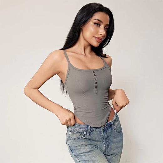 跃牌【周游世界系列】2024秋冬新款螺纹细肩带固定杯运动内衣纽扣U领瑜伽内衣BR1571 商品图2