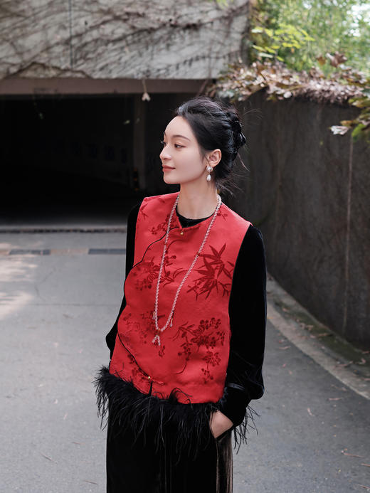 盛唐牡丹|梅兰竹菊漳缎配鸵鸟毛马甲 商品图4