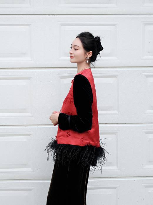 盛唐牡丹|梅兰竹菊漳缎配鸵鸟毛马甲 商品图7