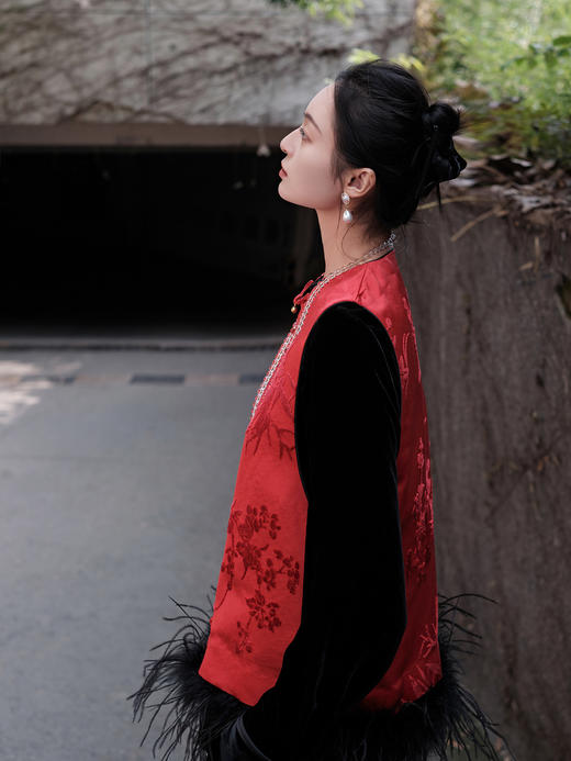 盛唐牡丹|梅兰竹菊漳缎配鸵鸟毛马甲 商品图5