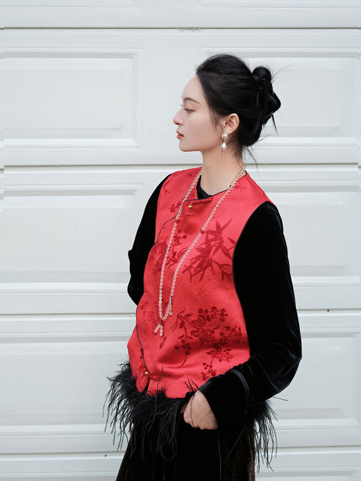 盛唐牡丹|梅兰竹菊漳缎配鸵鸟毛马甲 商品图8