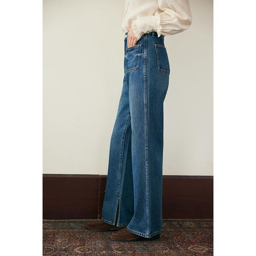 （小眠专属）HeyDress复古双口袋牛仔裤女秋冬宽松高腰阔腿微喇裤深蓝色裤子 商品图2