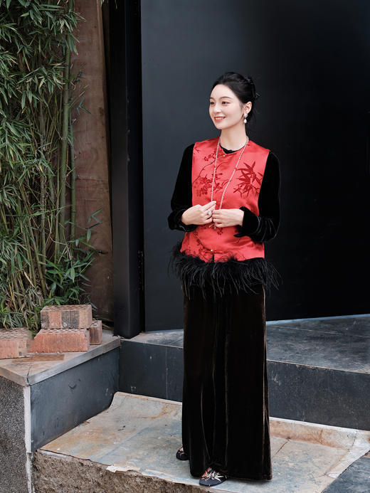 盛唐牡丹|梅兰竹菊漳缎配鸵鸟毛马甲 商品图6