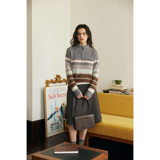 HeyDress半高领条纹毛衣女秋冬复古慵懒加厚宽松灰色渐变针织上衣 商品图1
