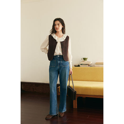 （小眠专属）HeyDress复古双口袋牛仔裤女秋冬宽松高腰阔腿微喇裤深蓝色裤子 商品图3