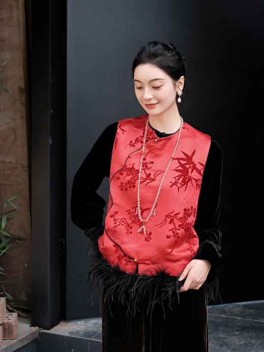 盛唐牡丹|梅兰竹菊漳缎配鸵鸟毛马甲 商品图1