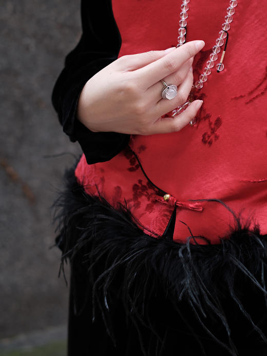 盛唐牡丹|梅兰竹菊漳缎配鸵鸟毛马甲 商品图3