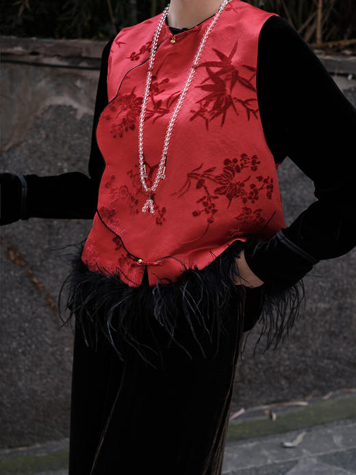 盛唐牡丹|梅兰竹菊漳缎配鸵鸟毛马甲 商品图2