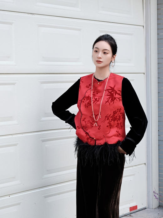 盛唐牡丹|梅兰竹菊漳缎配鸵鸟毛马甲 商品图0