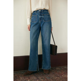 （小眠专属）HeyDress复古双口袋牛仔裤女秋冬宽松高腰阔腿微喇裤深蓝色裤子