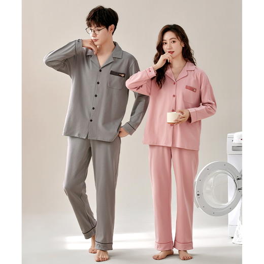 【换季出清】自然醒星河情侣睡衣春秋季针织棉长袖男女士宽松大码开衫纯色家居服两件套QH 商品图7