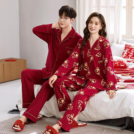 【换季出清】自然醒永恒针织棉结婚情侣睡衣新婚春秋季婚用红色本命年男女士家居服套装QH 商品图4