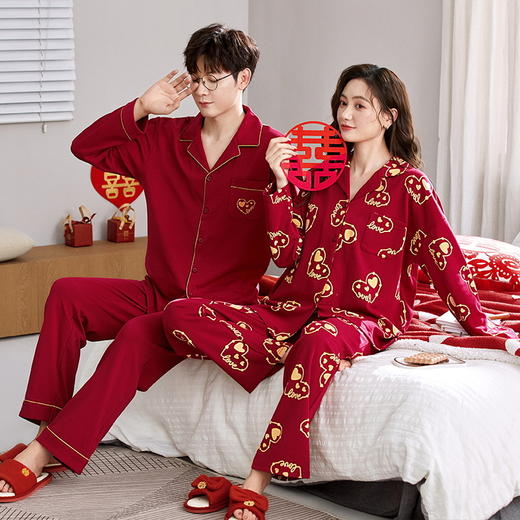 【换季出清】自然醒永恒针织棉结婚情侣睡衣新婚春秋季婚用红色本命年男女士家居服套装QH 商品图1