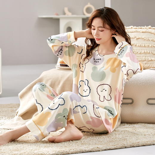 【换季出清】自然醒花辰针织棉睡衣女春秋季长袖休闲宽松大码秋冬可外穿家居服套装QH 商品图1