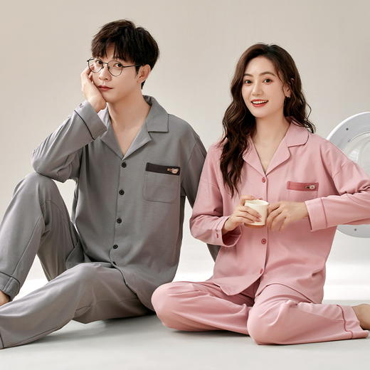 【换季出清】自然醒星河情侣睡衣春秋季针织棉长袖男女士宽松大码开衫纯色家居服两件套QH 商品图2