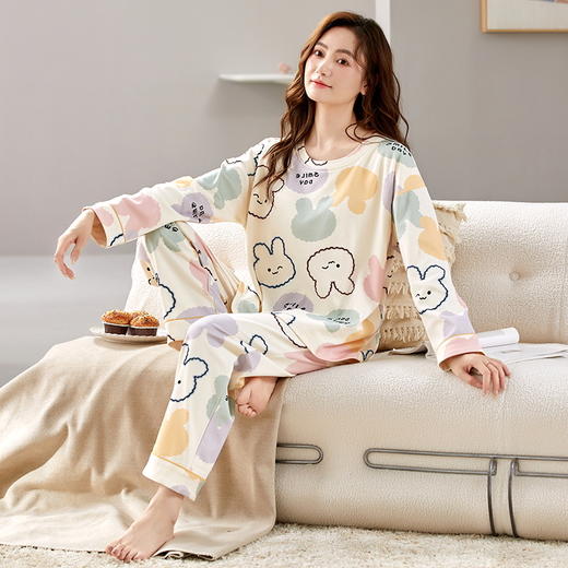 【换季出清】自然醒花辰针织棉睡衣女春秋季长袖休闲宽松大码秋冬可外穿家居服套装QH 商品图4
