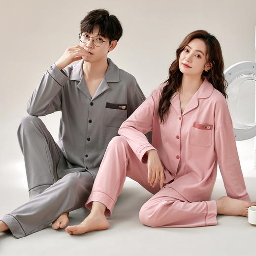 【换季出清】自然醒星河情侣睡衣春秋季针织棉长袖男女士宽松大码开衫纯色家居服两件套QH 商品图3