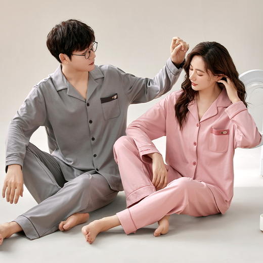 【换季出清】自然醒星河情侣睡衣春秋季针织棉长袖男女士宽松大码开衫纯色家居服两件套QH 商品图6