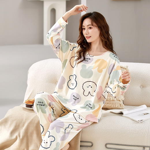 【换季出清】自然醒花辰针织棉睡衣女春秋季长袖休闲宽松大码秋冬可外穿家居服套装QH 商品图2