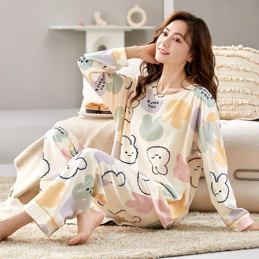【换季出清】自然醒花辰针织棉睡衣女春秋季长袖休闲宽松大码秋冬可外穿家居服套装QH 商品图0