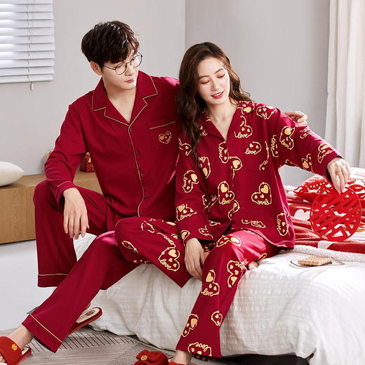【换季出清】自然醒永恒针织棉结婚情侣睡衣新婚春秋季婚用红色本命年男女士家居服套装QH 商品图2