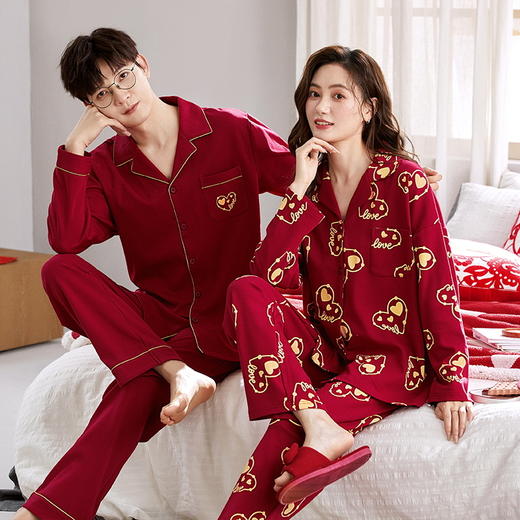 【换季出清】自然醒永恒针织棉结婚情侣睡衣新婚春秋季婚用红色本命年男女士家居服套装QH 商品图6